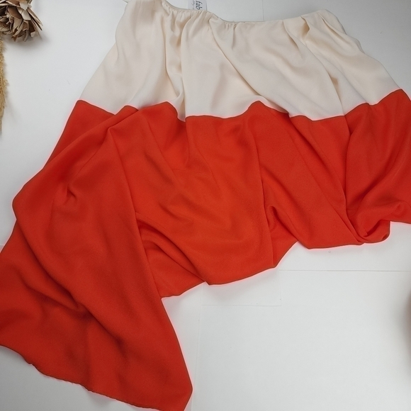 New MM COUTURE Orange Tan Waterfall One Shoulder Dress Sz L - Picture 5 of 11